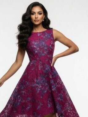 Elle Magenta Floral Lace High-Low Sleeveless Dress(Size: Medium)